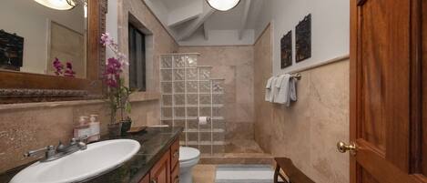 Un baño con lavamanos grande, espejo y ducha.