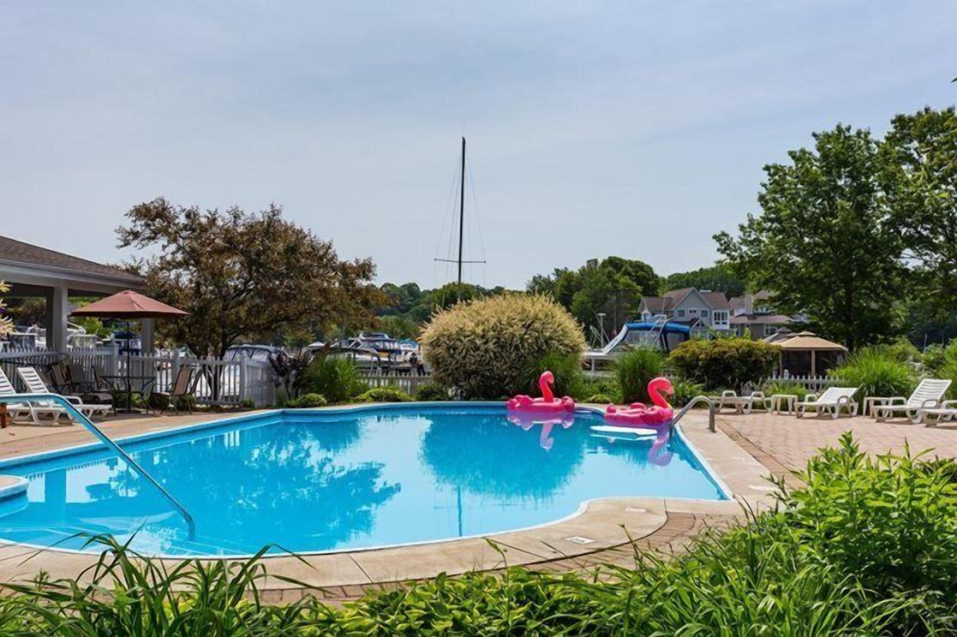 Una piscina con sillas de descanso y un pabellón.