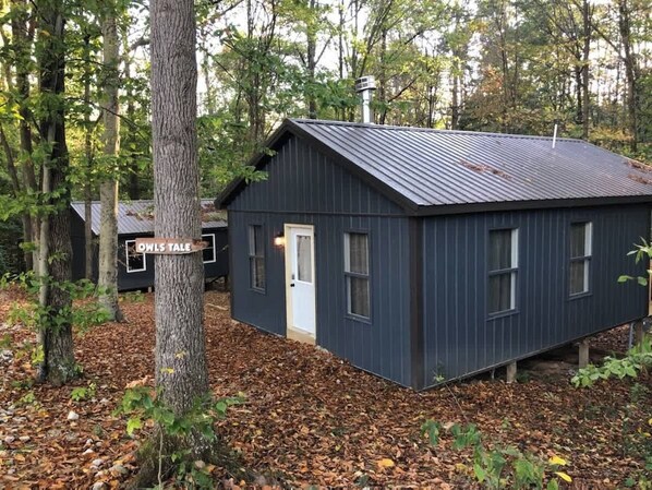 Eine kleine, dunkel gefärbte Holzhütte mit einem Metalldach, umgeben von Bäumen und einem mit Laub bedeckten Boden.