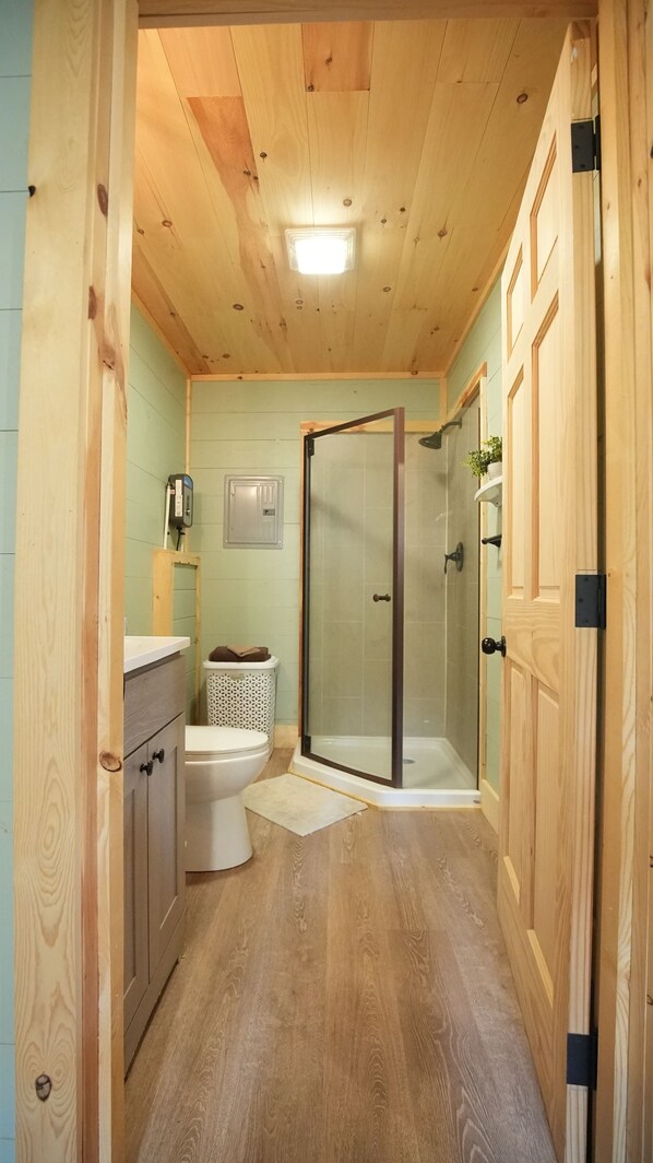 Bañera con ducha, secador de pelo, toallas