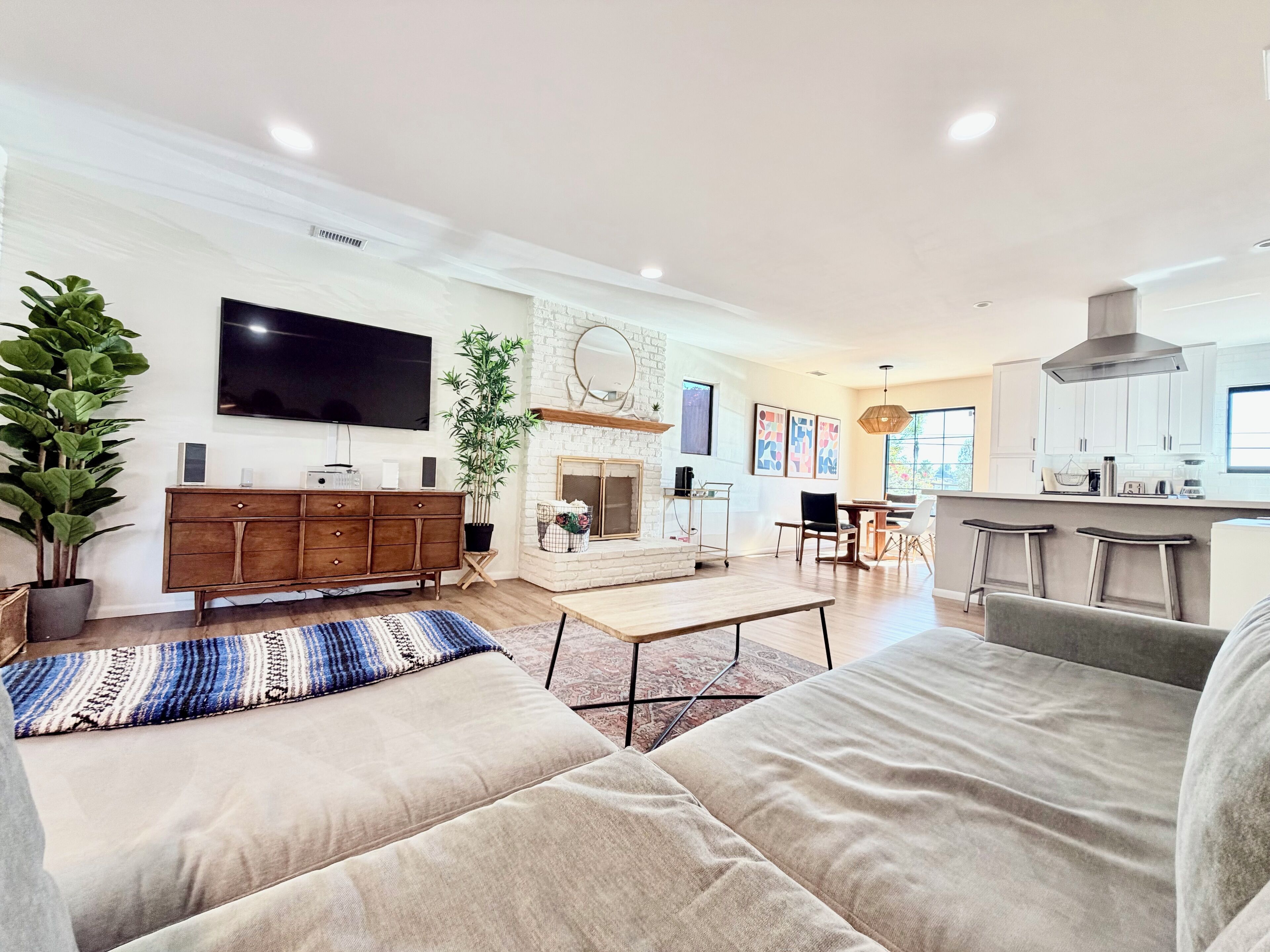 Smart TV, fireplace, books