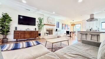 Smart TV, fireplace, books