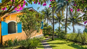 Um jardim tropical com um caminho que leva a um edifício com persianas azuis e vista para o mar.