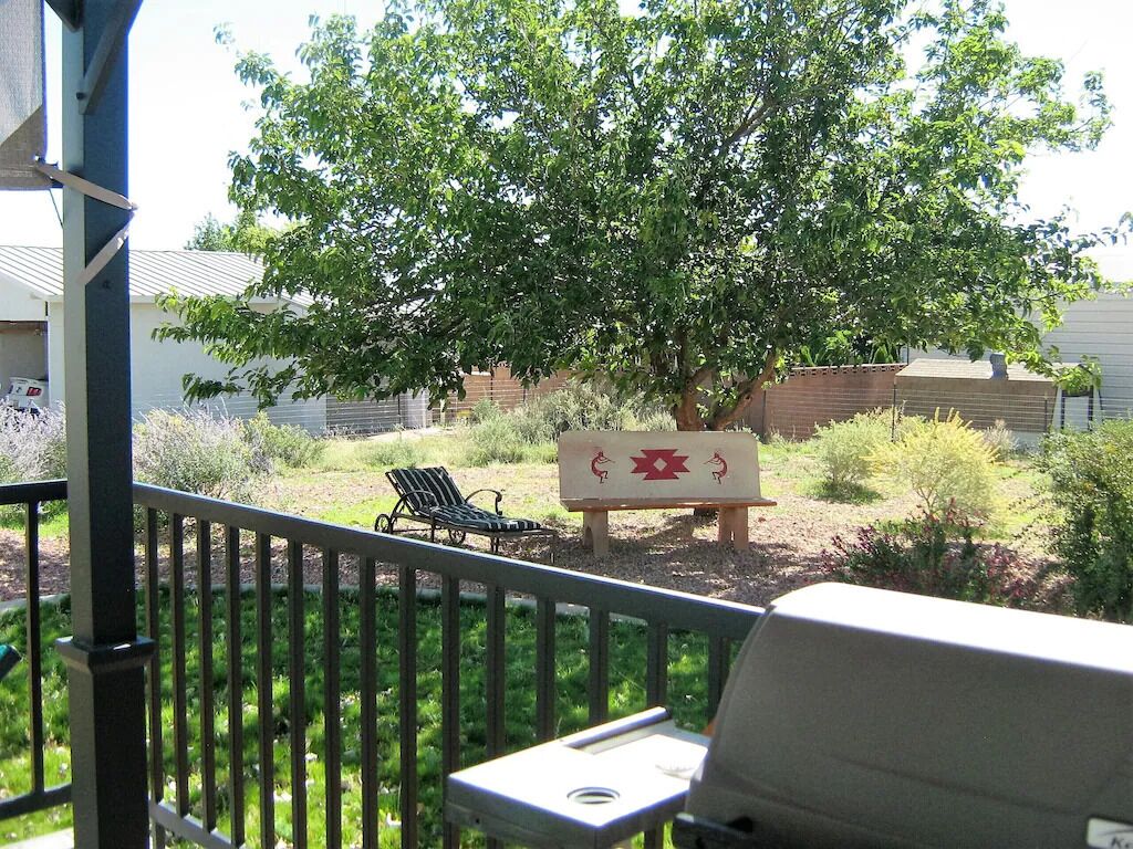Une terrasse avec un barbecue, un banc et un arbre.