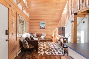 Smart TV, fireplace, books