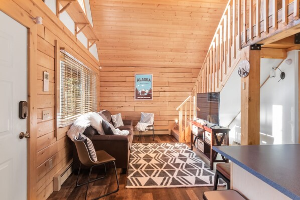 Smart TV, chimenea y libros 