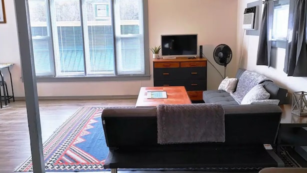 A modern living room with a sofa, a TV, a fan, and a window with blinds. - Binnekill Views- Cozy Apt over looking the Binnekill stream (Margaretville)