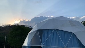 A geodesic dome tent with a dog lying outside. - Dome tent in beautiful countryside, 20 minutes from the beach (Santa Marta de Hojancha)