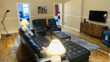 Smart TV, fireplace, books