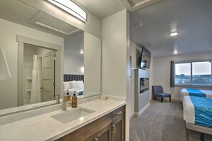 Hair dryer, towels, shampoo