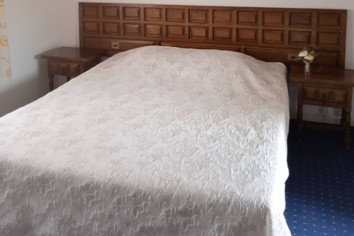 Une chambre à coucher avec une tête de lit en bois, un lit recouvert d’une courtepointe blanche, une table de chevet ornée d’un vase de fleurs et un tapis bleu à motifs.