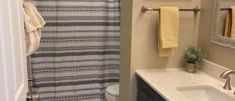 Hair dryer, towels, soap, shampoo