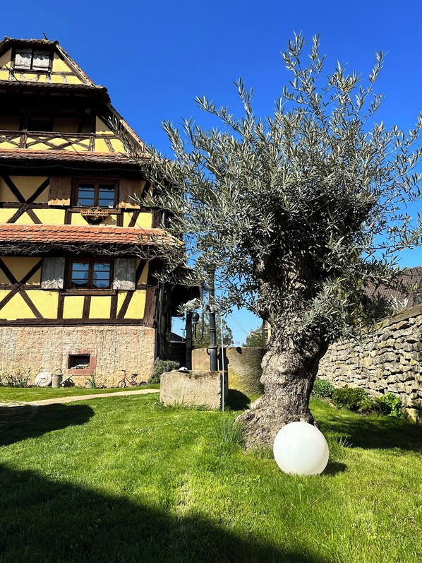 Uma casa tradicional em estilo de enxaimel, com uma parede de pedra e uma grande árvore em primeiro plano.