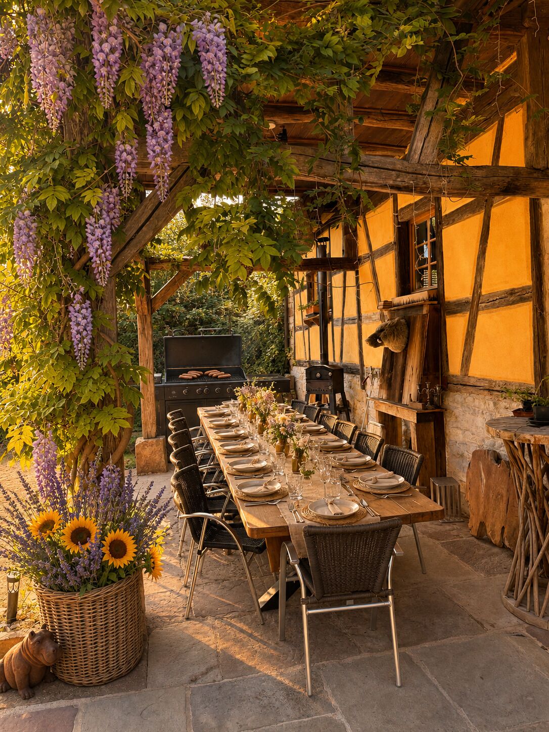 An outdoor dining area with a long wooden table set for a meal, surrounded by wicker chairs, under a pergola with hanging wisteria.