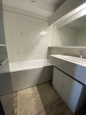 Bathtub, towels, toilet paper