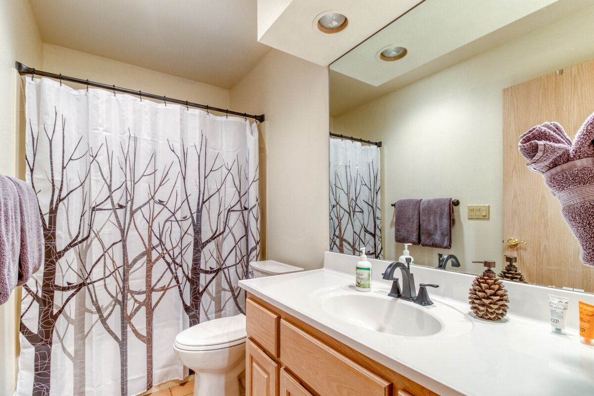 A bathroom with a shower curtain featuring a tree pattern, a white sink, a mirror, and a pine cone decoration.