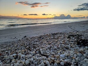 On the beach, sun-loungers, beach towels