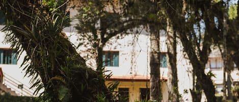 A person sitting on a bench in a park with trees and a building in the background.