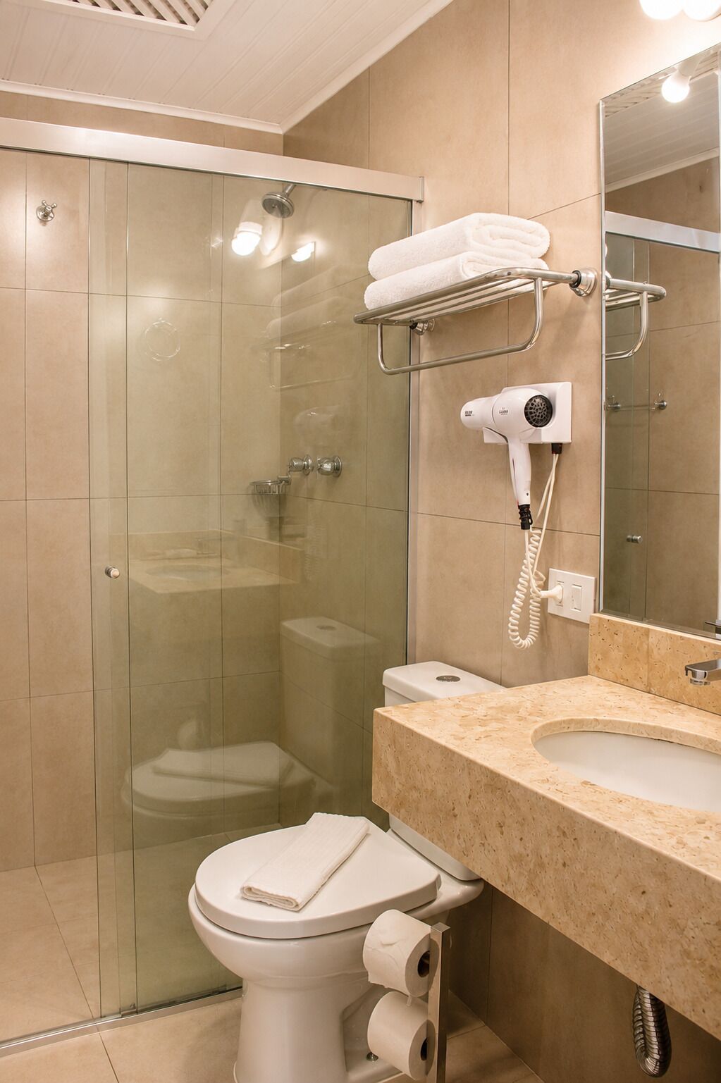Een moderne badkamer met een glazen douchecabine, een toilet met een papieren handdoekhouder en een wastafel met een handdoekrek erboven.