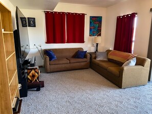 TV connectée, cheminée, lecteur de DVD, livres