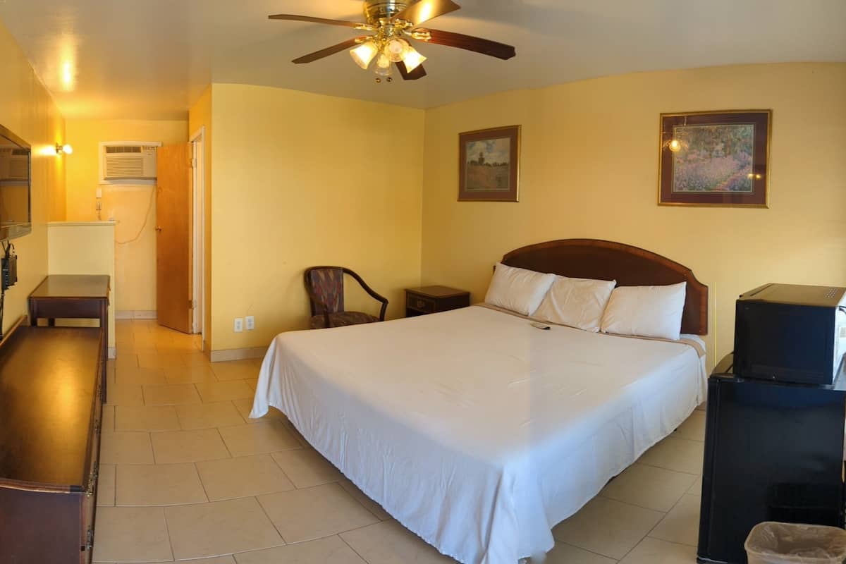 A hotel room with a bed, a desk, a chair, a ceiling fan, a TV, and a picture on the wall.