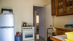 Una cocina compacta con refrigerador, estufa y cilindro de gas.