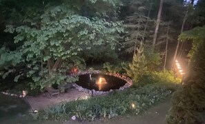 Un estanque con fuente, rodeado de follaje y un borde de piedra.