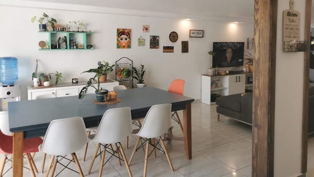 Une cuisine moderne dotée d’un grand îlot central, de meubles blancs et de nombreuses plantes.