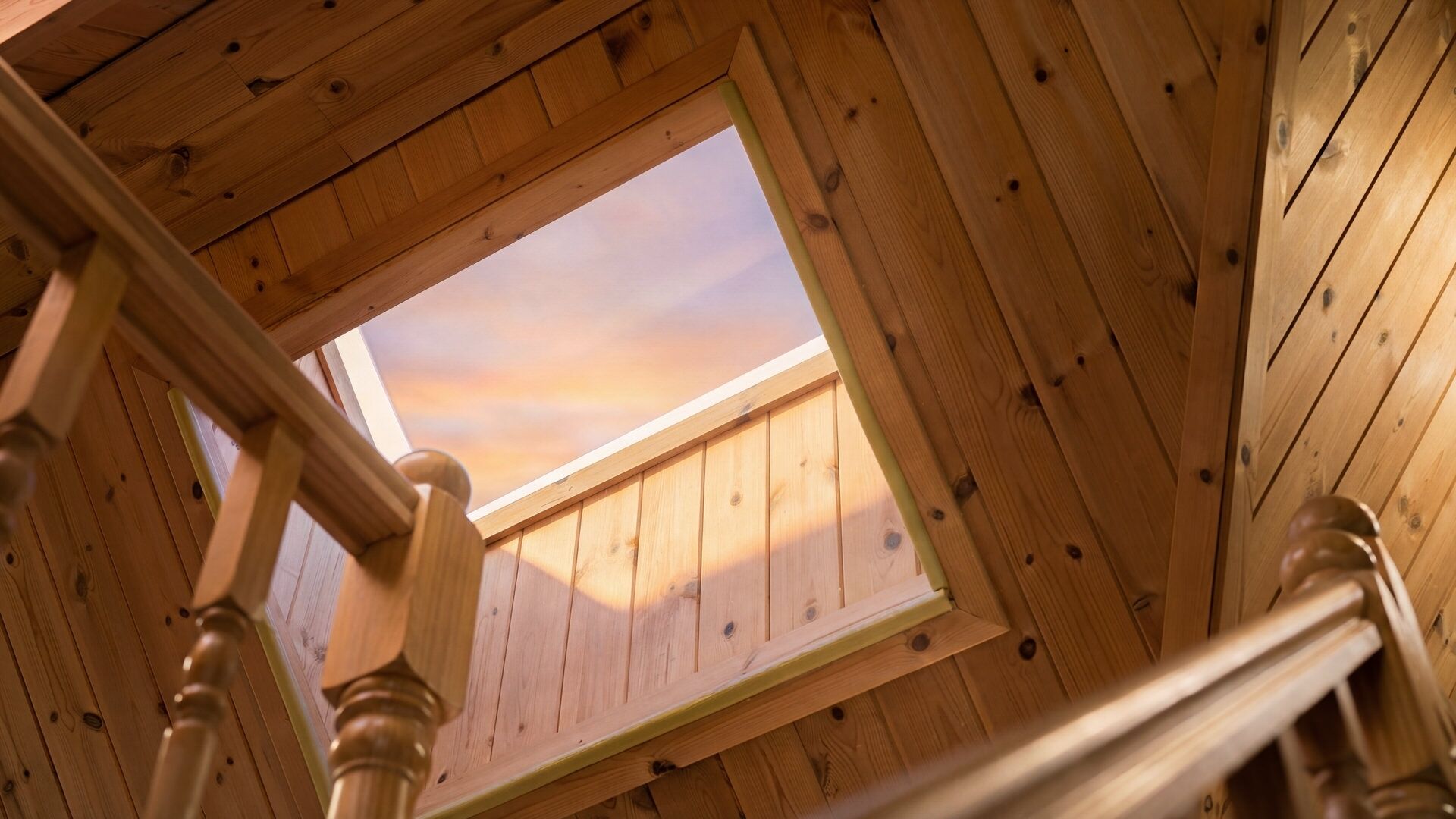 A wooden interior with a skylight and a wooden staircase.