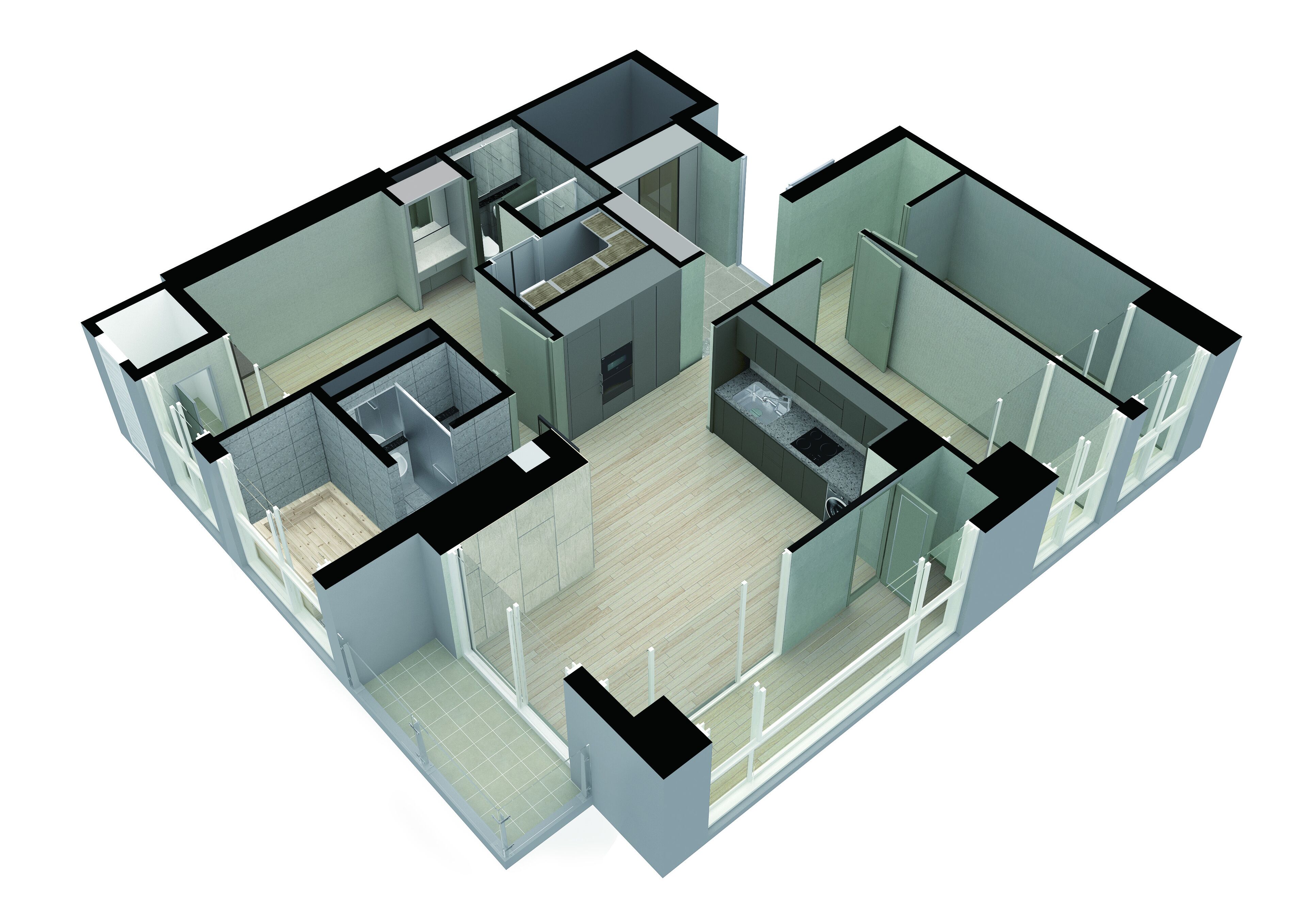 Un plan d’étage en 3D d’un appartement moderne comprenant une cuisine, un espace de vie et deux chambres.