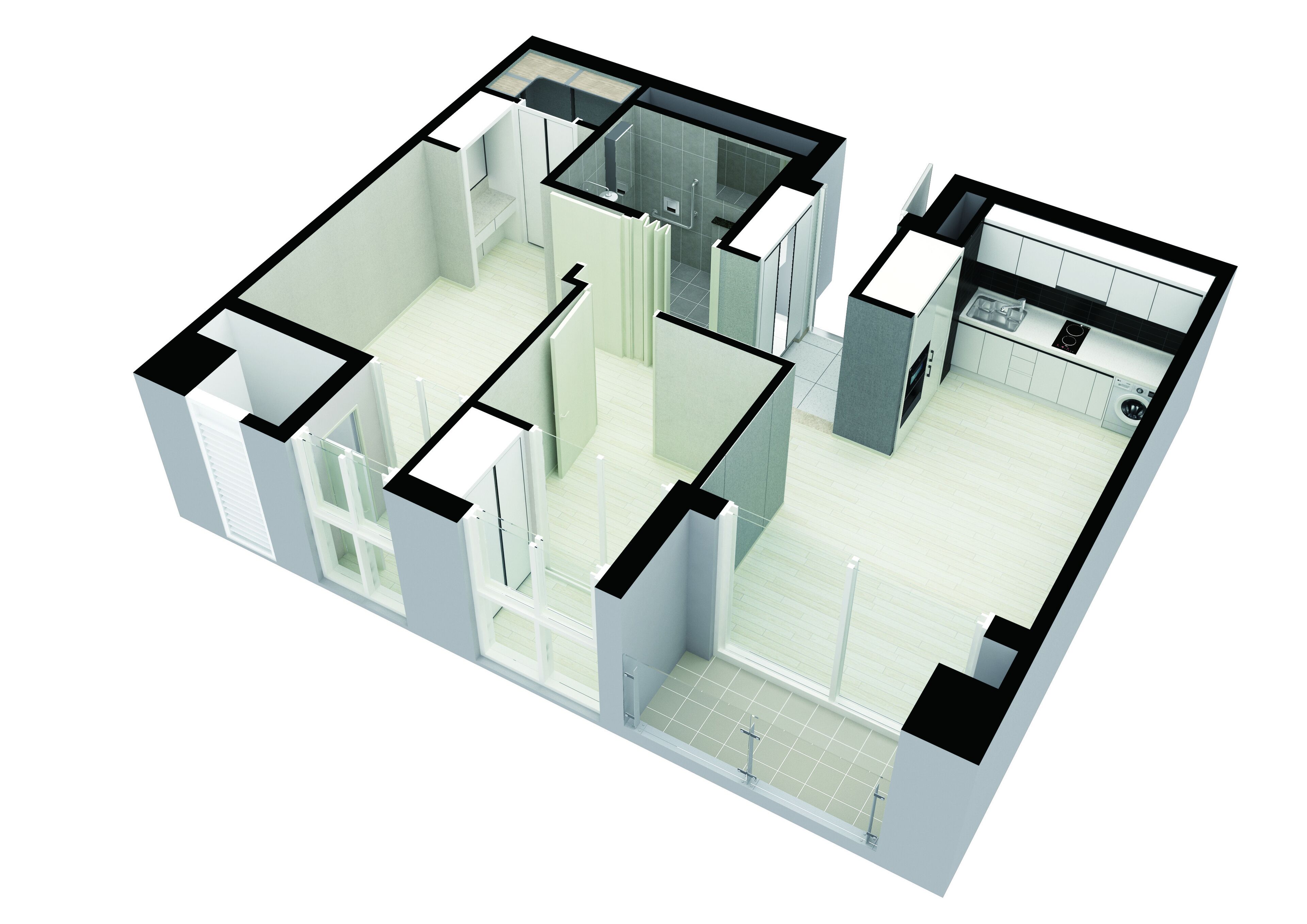 A 3D floor plan of a modern apartment with a kitchen, dining area, living room, and two bedrooms.