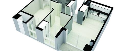 A 3D floor plan of a modern apartment with a kitchen, dining area, living room, and two bedrooms.