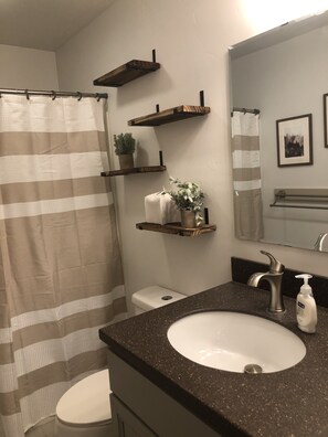 Combined shower/tub, hair dryer, towels, soap