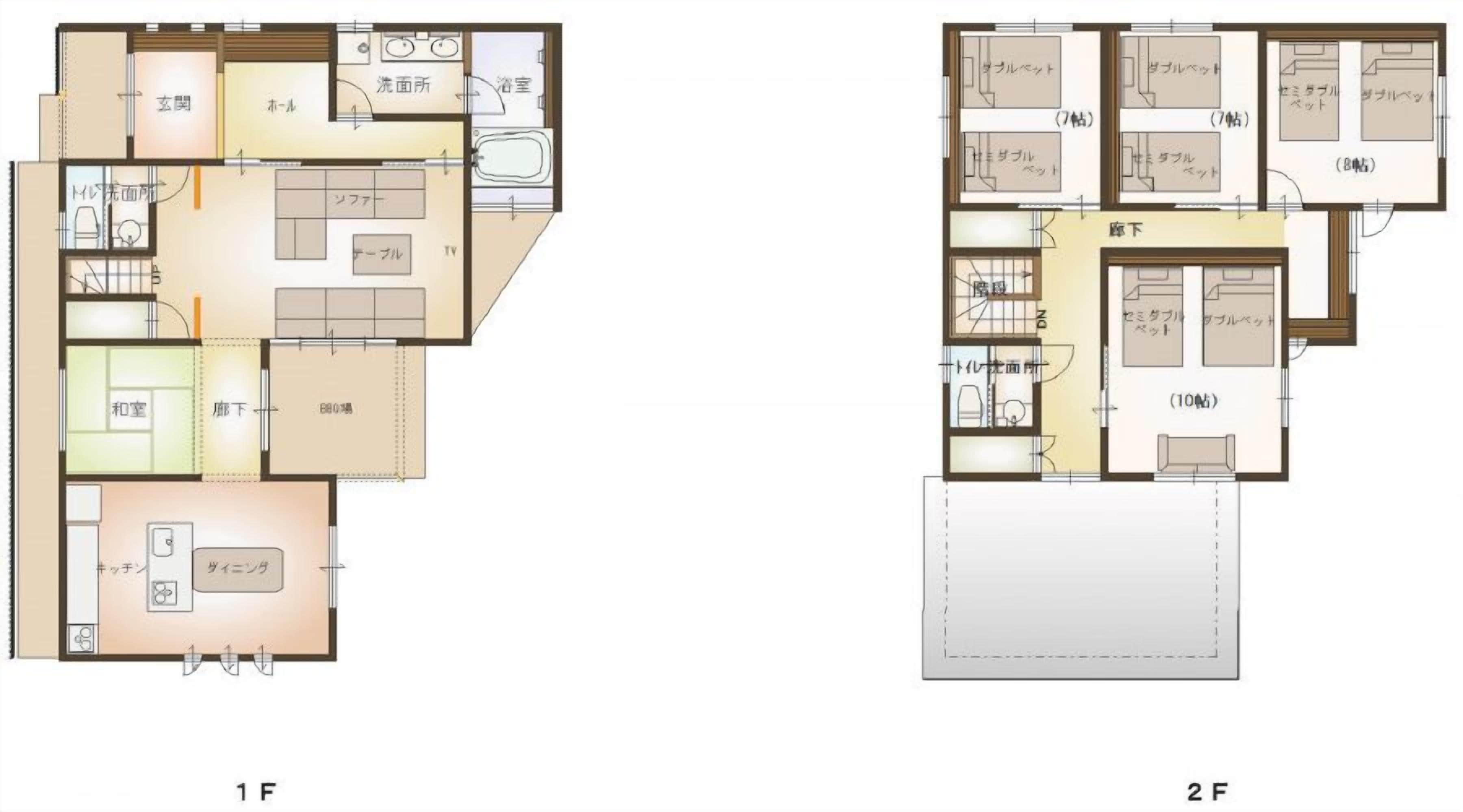 Planta baixa de um hotel com vários quartos, uma área comum e uma cozinha.