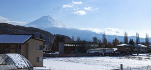 Zona residencial con casas, un invernadero y un paisaje nevado con una montaña al fondo.