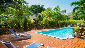 Une terrasse en bois avec une piscine, entourée de palmiers et de chaises longues.