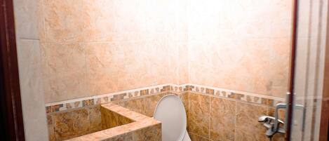 A bathroom with a toilet, shower, and tiled walls.