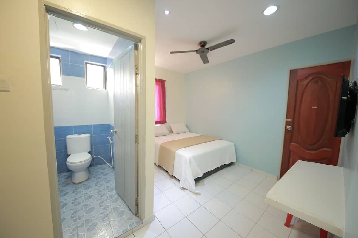 A bedroom with a bed, a ceiling fan, a wooden door, and a bathroom with a toilet and shower.