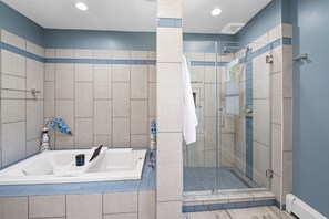 Combined shower/tub, jetted tub, hair dryer, towels