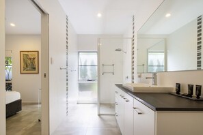 Maison luxueuse | Salle de bain | Douche, pomme de douche hydromassante, shampooing