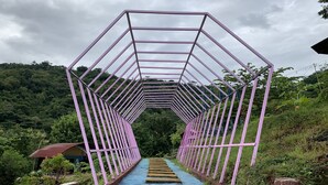 Un sendero que atraviesa un arco metálico púrpura, rodeado de exuberante vegetación.