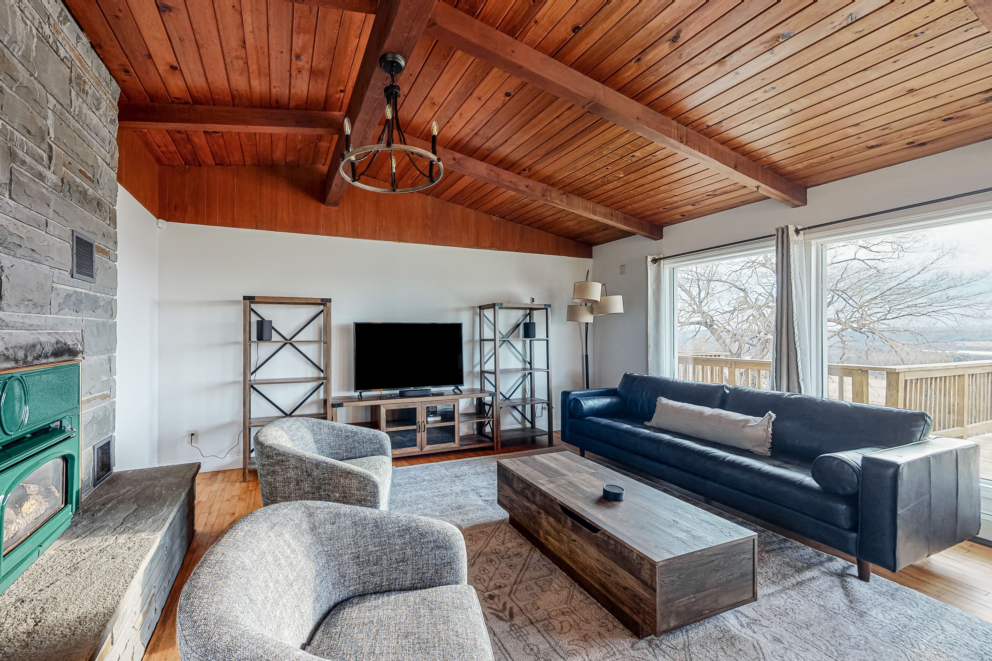 Lake-view countryside haven with deck, two kitchens, fireplace, firepit & AC