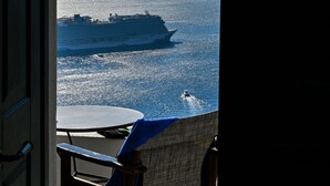 A view from a room with a window overlooking a body of water and a cruise ship.