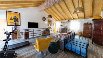 Traditional Villa, 5 Bedrooms, Private Pool, Sea View | Living area | 100-cm flat-screen TV with satellite channels, TV, fireplace