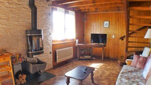 Un salon chaleureux avec une cheminée, un téléviseur, un plancher en bois et un canapé.