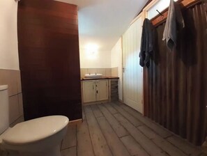 Shower, towels, soap, toilet paper