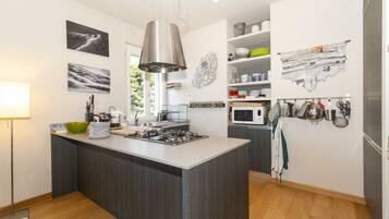 Fridge, microwave, oven, stovetop