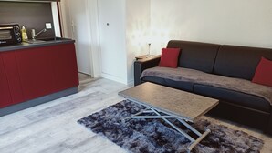A modern living room with a sofa, a coffee table, and a rug. - Superb T2 on garden level in private residence with swimming pool (Cap d'Agde)