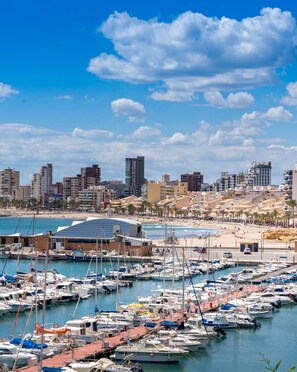 A marina with numerous boats docked, a sandy beach, and a cityscape with buildings in the background.