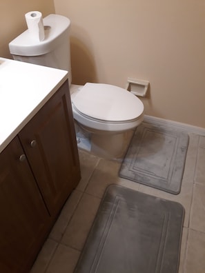 Baignoire, serviettes fournies, savon, papier de toilette